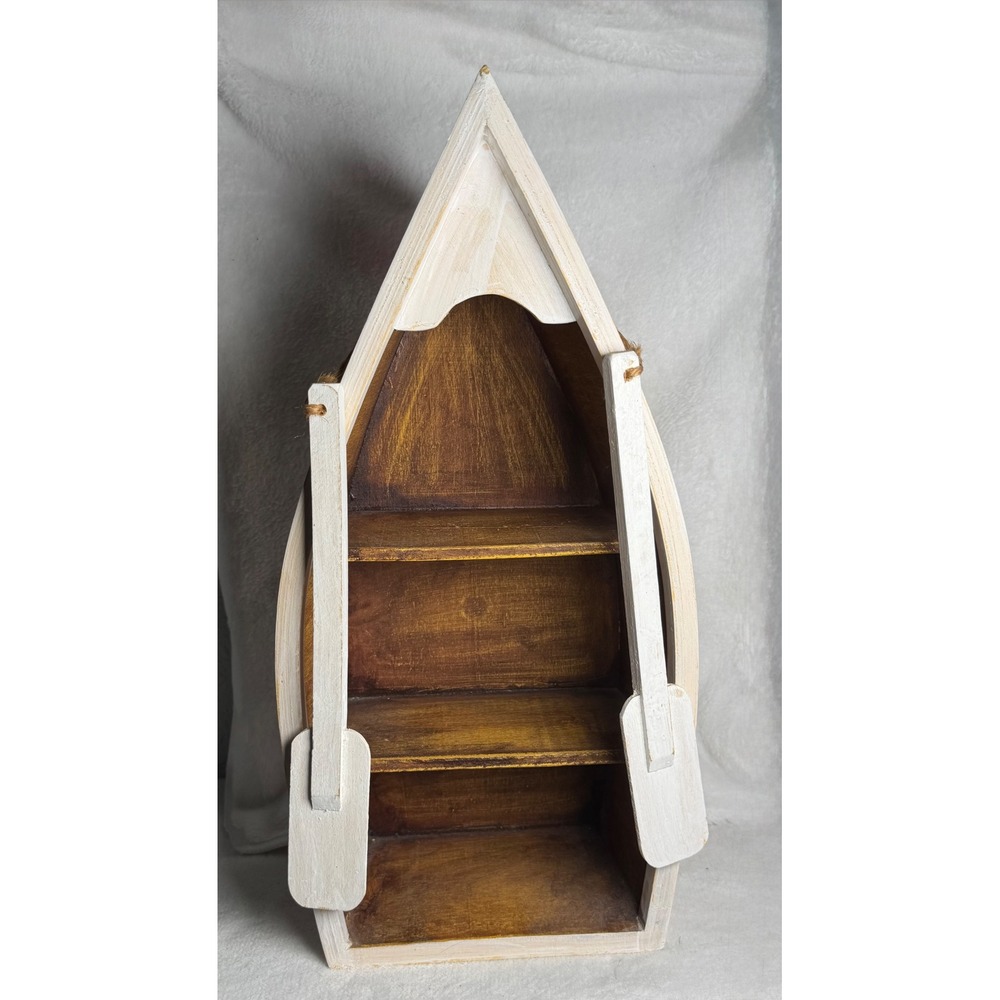 Nautical Wooden Boat Wall Shelf with Oars White Brown 16.5x8x6 Rustic Decor